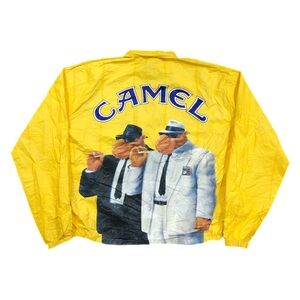 Vintage Camel Jacket Mens XL Yellow Tyvek Joe Camel Smoking Graphic Promo 90s